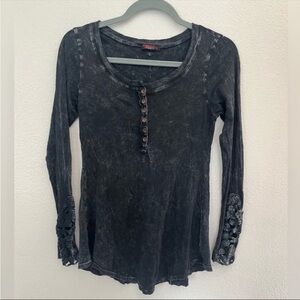 T Party Black Mineral Wash Long Sleeve Top with Crochet Detail on Sleeves Y2K